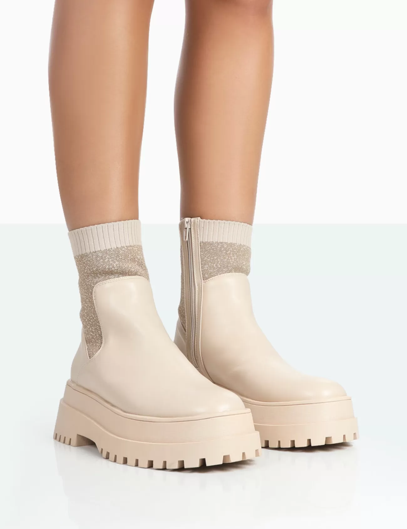 Public Desire Paloma Boucle Knit Platform Chunky Sole Sock Ankle Boots Nude Clearance