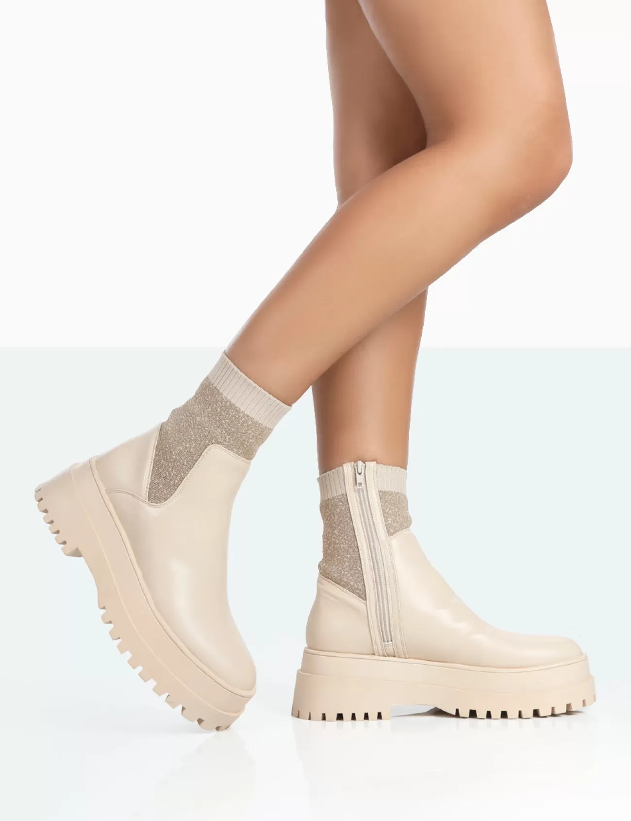 Public Desire Paloma Boucle Knit Platform Chunky Sole Sock Ankle Boots Nude Clearance