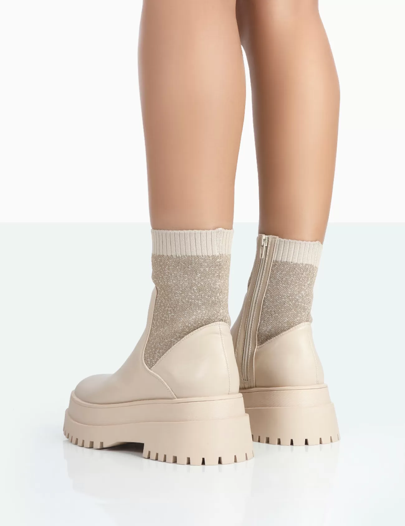 Public Desire Paloma Boucle Knit Platform Chunky Sole Sock Ankle Boots Nude Clearance
