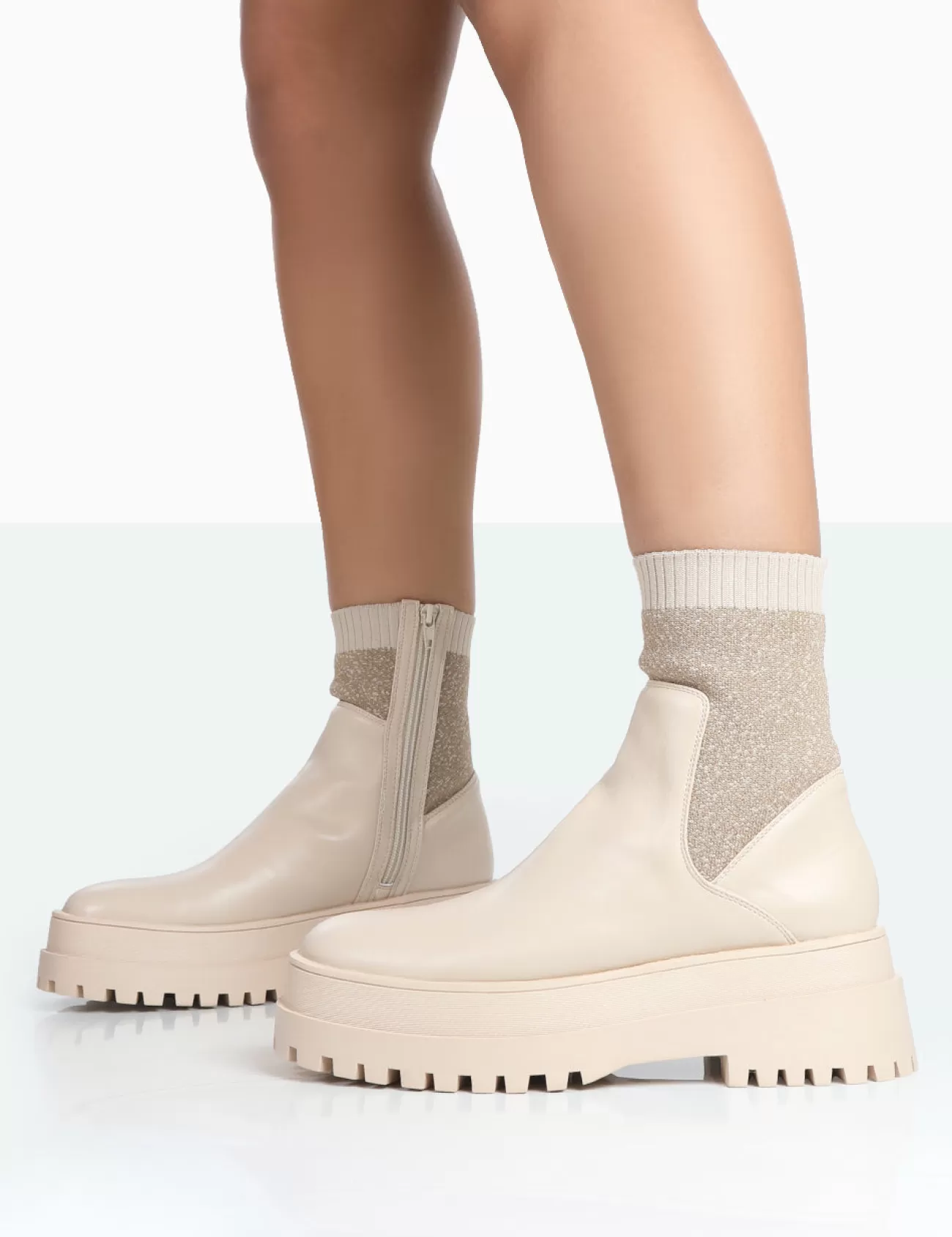 Public Desire Paloma Boucle Knit Platform Chunky Sole Sock Ankle Boots Nude Clearance