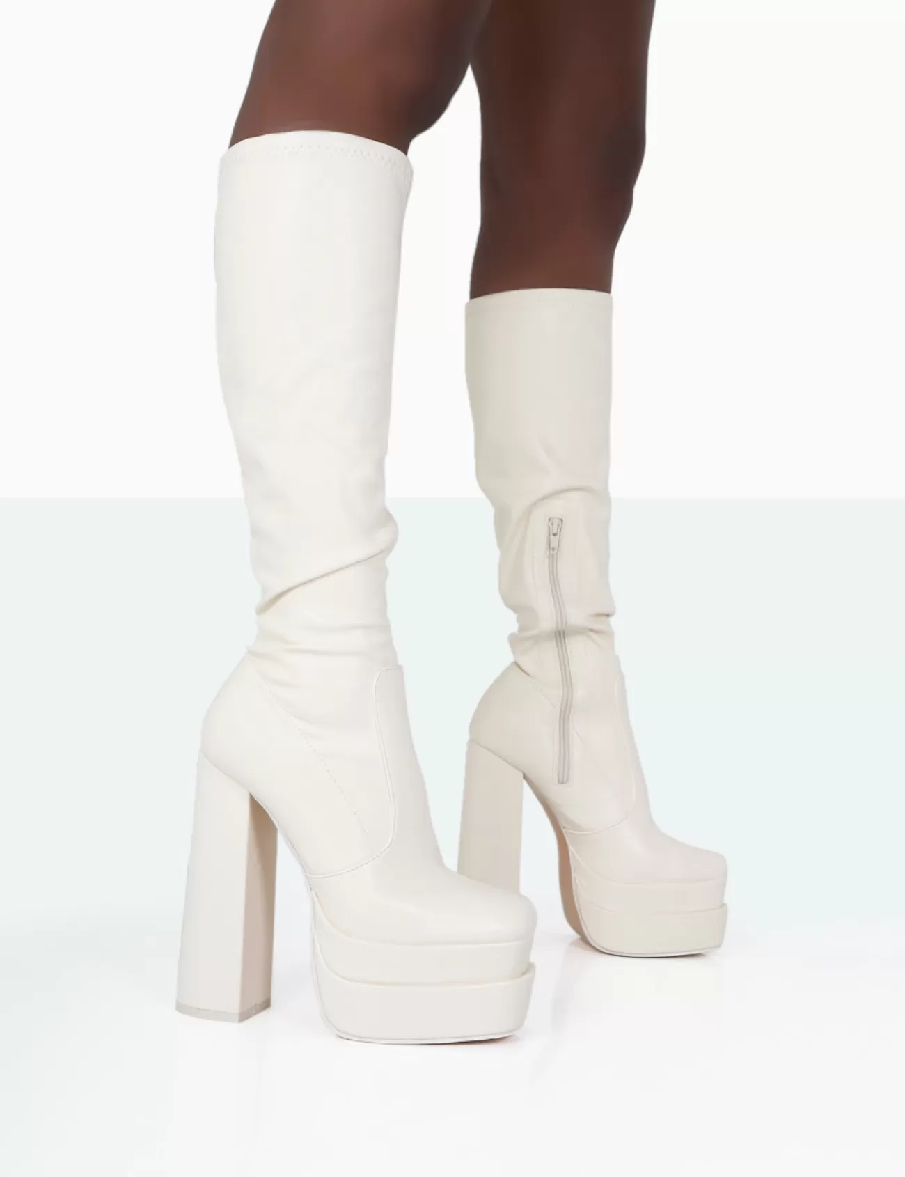 Public Desire Passive Pu Square Toe Platform Block High Heel Over The Knee Boots Ecru Outlet