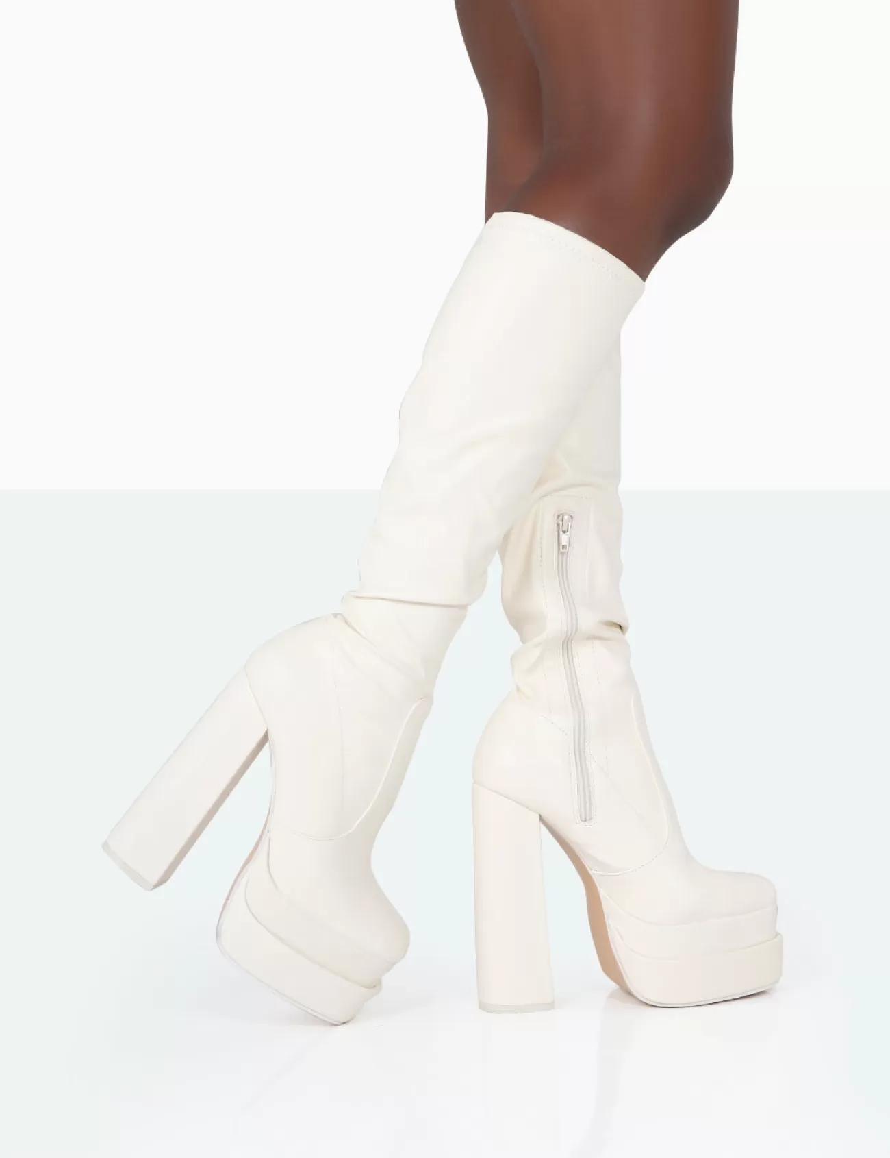 Public Desire Passive Pu Square Toe Platform Block High Heel Over The Knee Boots Ecru Outlet