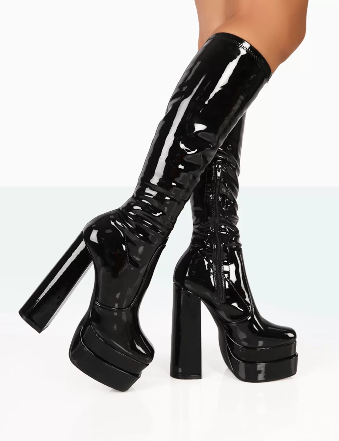 Public Desire Passive Wide Fit Patent Square Toe Platform Block High Heel Over The Knee Boots Black Cheap