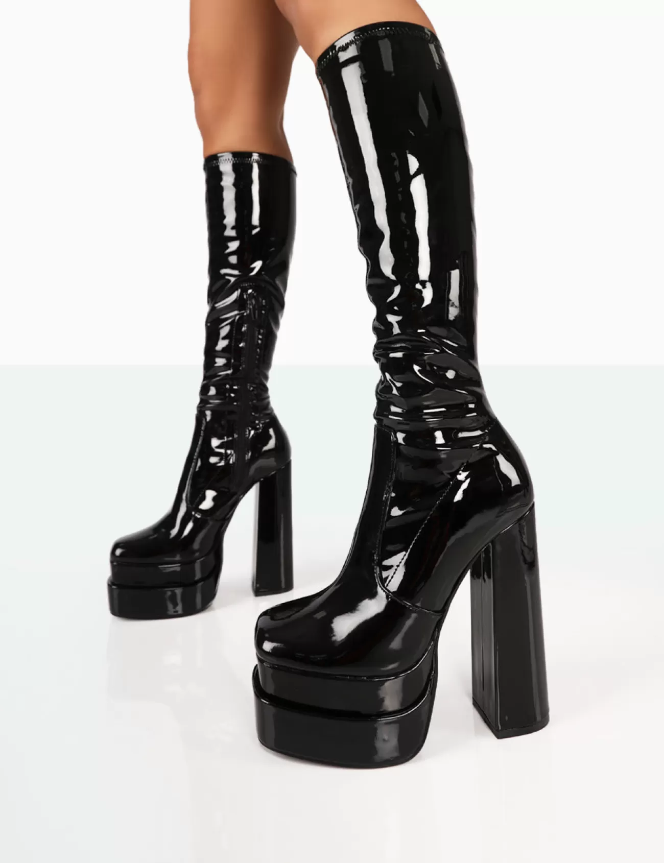 Public Desire Passive Wide Fit Patent Square Toe Platform Block High Heel Over The Knee Boots Black Cheap