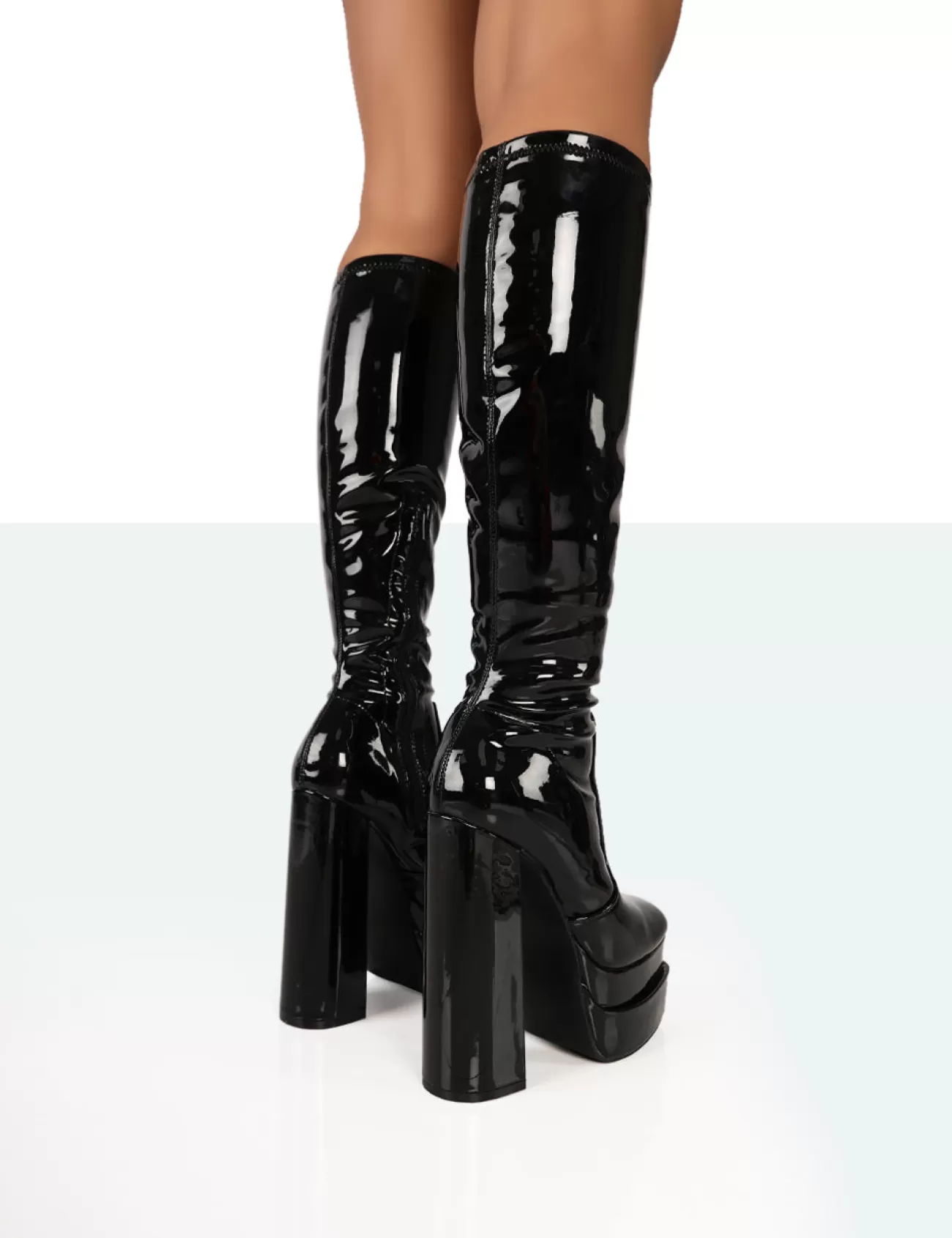Public Desire Passive Wide Fit Patent Square Toe Platform Block High Heel Over The Knee Boots Black Cheap