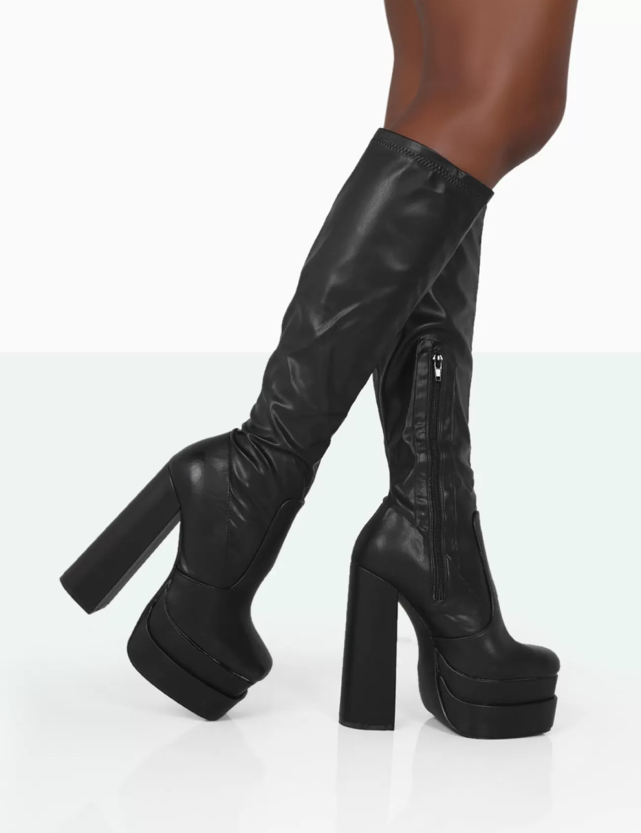 Public Desire Passive Wide Fit Pu Square Toe Platform Block High Heel Over The Knee Boots Black Flash Sale