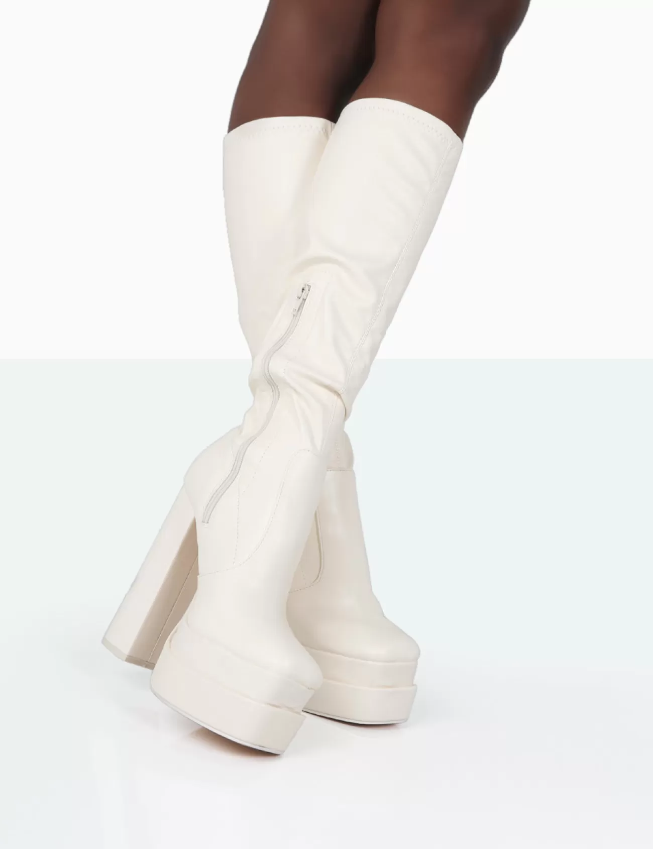 Public Desire Passive Wide Fit Pu Square Toe Platform Block High Heel Over The Knee Boots Ecru Flash Sale