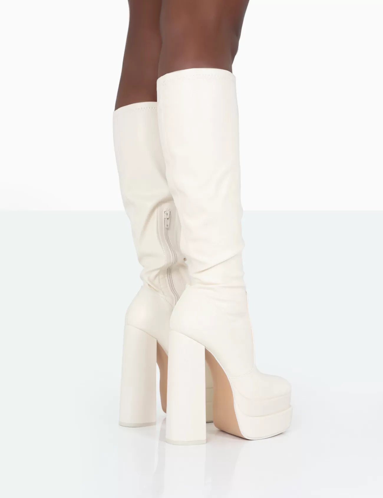 Public Desire Passive Wide Fit Pu Square Toe Platform Block High Heel Over The Knee Boots Ecru Flash Sale