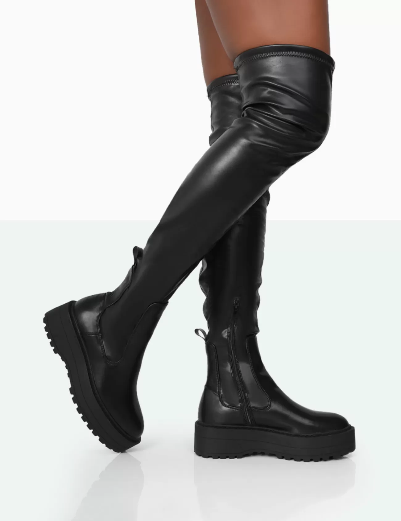 Public Desire Pheonixe Pu Chunky Sole Round Toe Over The Knee Boots Black Best