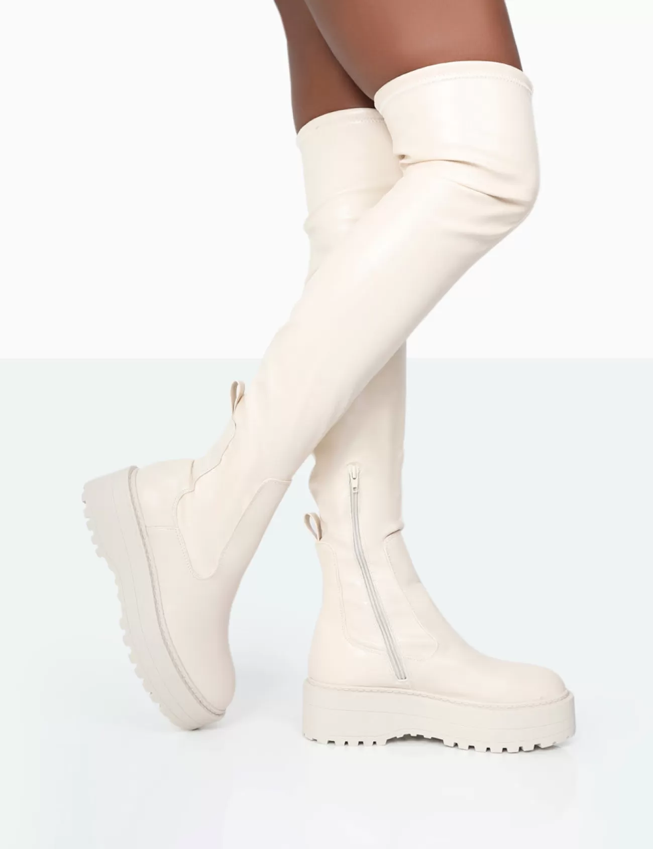 Public Desire Pheonixe Pu Chunky Sole Round Toe Over The Knee Boots Ecru Sale