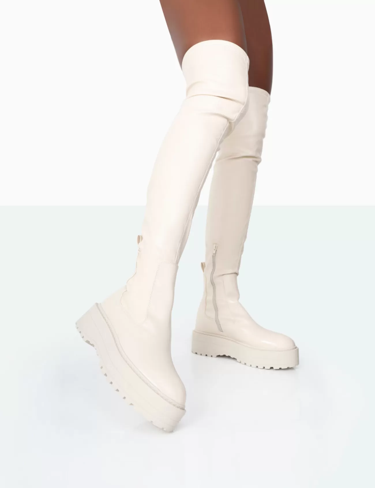 Public Desire Pheonixe Pu Chunky Sole Round Toe Over The Knee Boots Ecru Sale