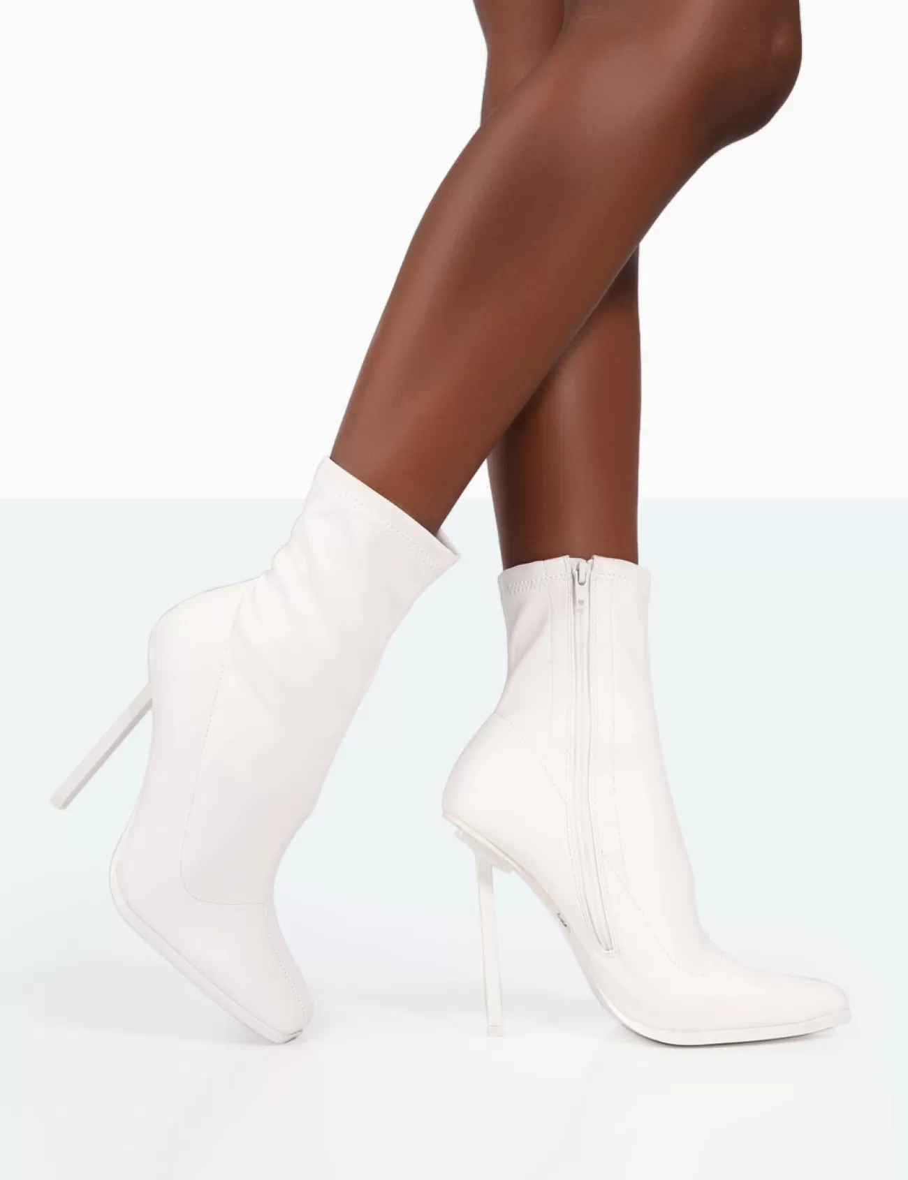 Public Desire Pippa Sock High Heeled Ankle Boots White Clearance