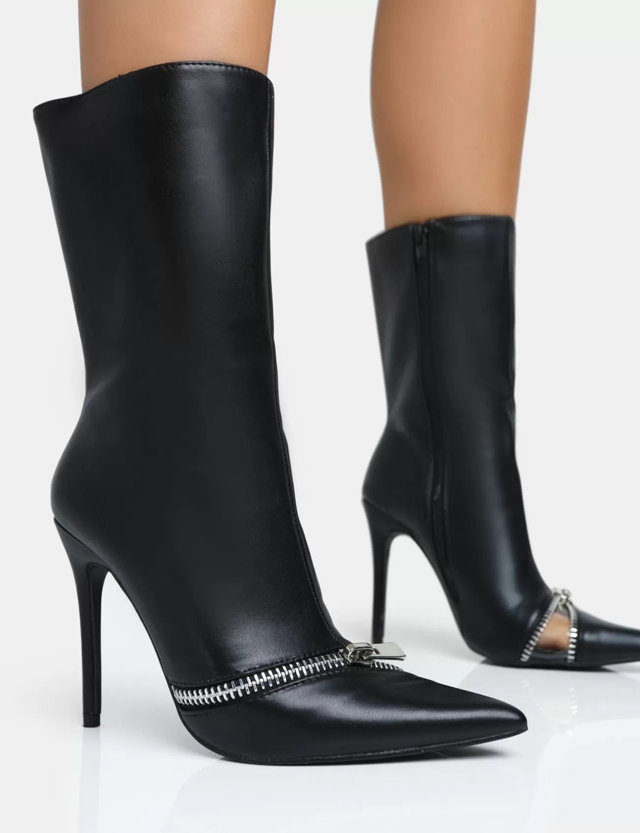 Public Desire Pitstop Pu Zip Detail Pointed Toe Stiletto Heel Ankle Boots Black Shop
