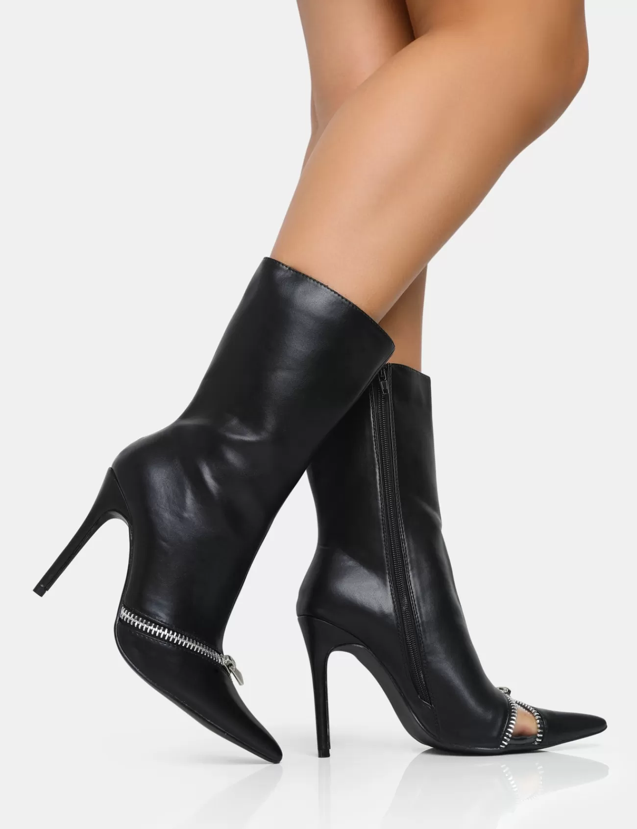 Public Desire Pitstop Pu Zip Detail Pointed Toe Stiletto Heel Ankle Boots Black Shop