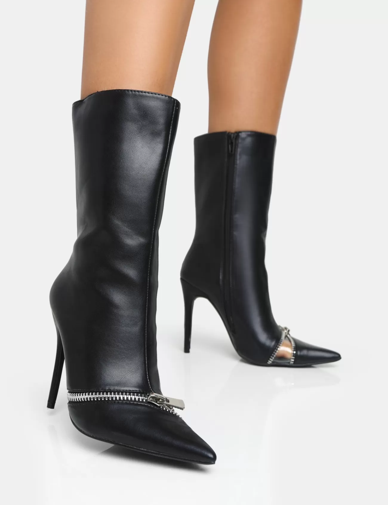 Public Desire Pitstop Pu Zip Detail Pointed Toe Stiletto Heel Ankle Boots Black Shop