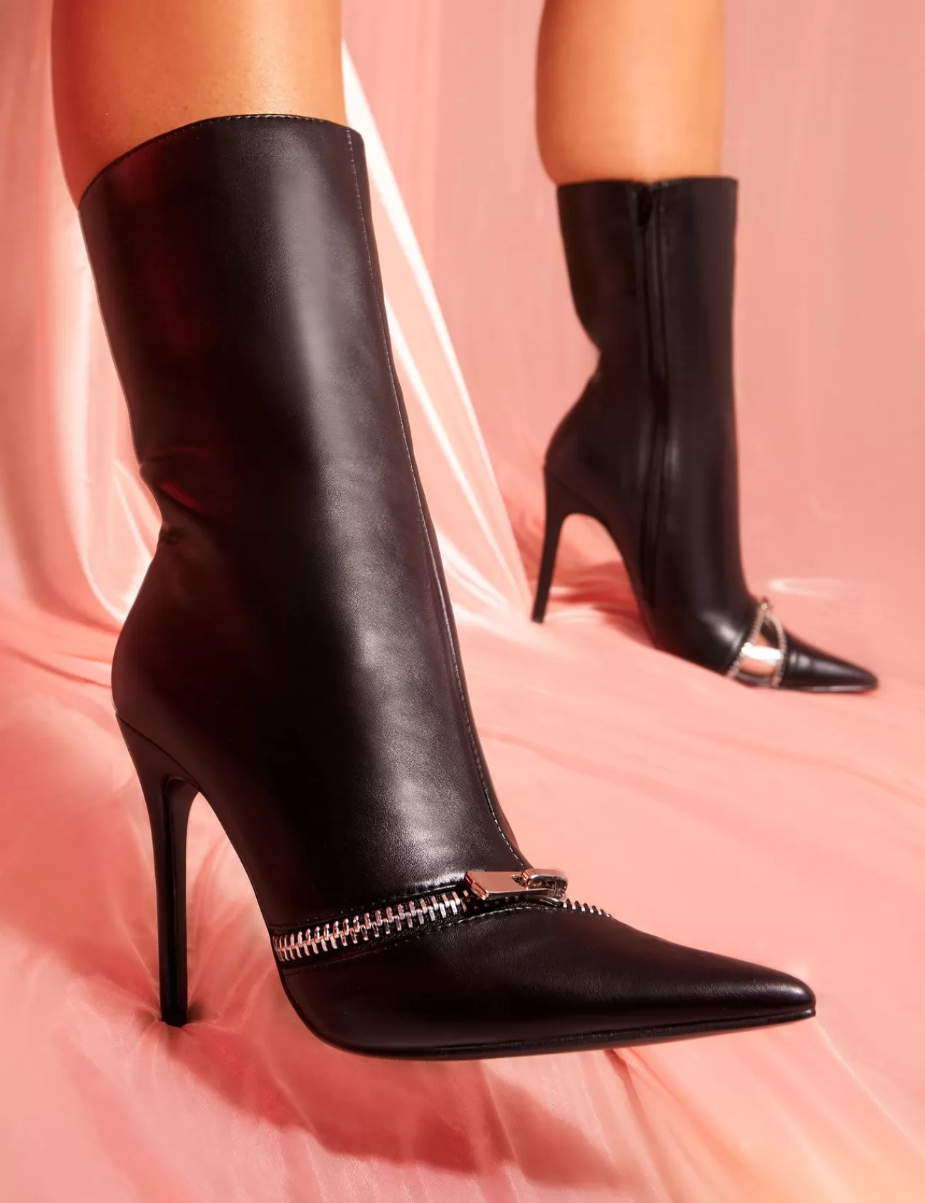 Public Desire Pitstop Pu Zip Detail Pointed Toe Stiletto Heel Ankle Boots Black Shop
