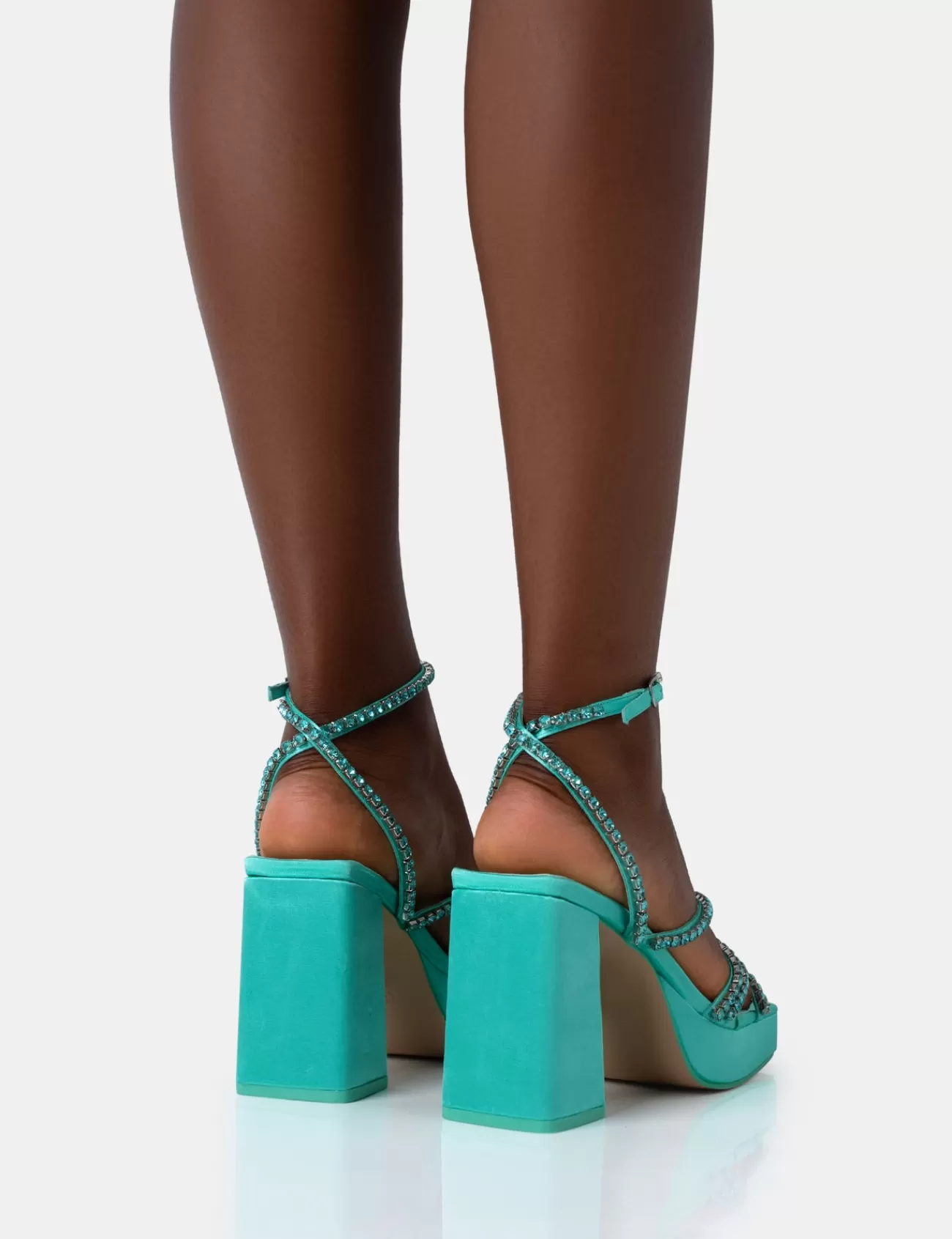 Public Desire Playout Satin Diamante Strappy Platform Square Toe Mid Block Heels Turquoise Best Sale