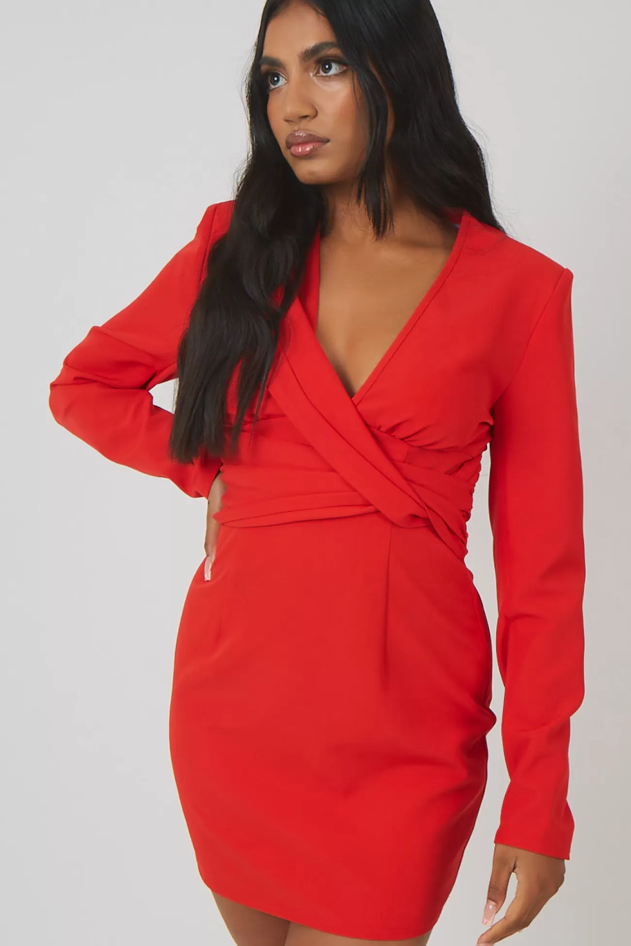 Public Desire Plunge Front Drape Dress Red Clearance