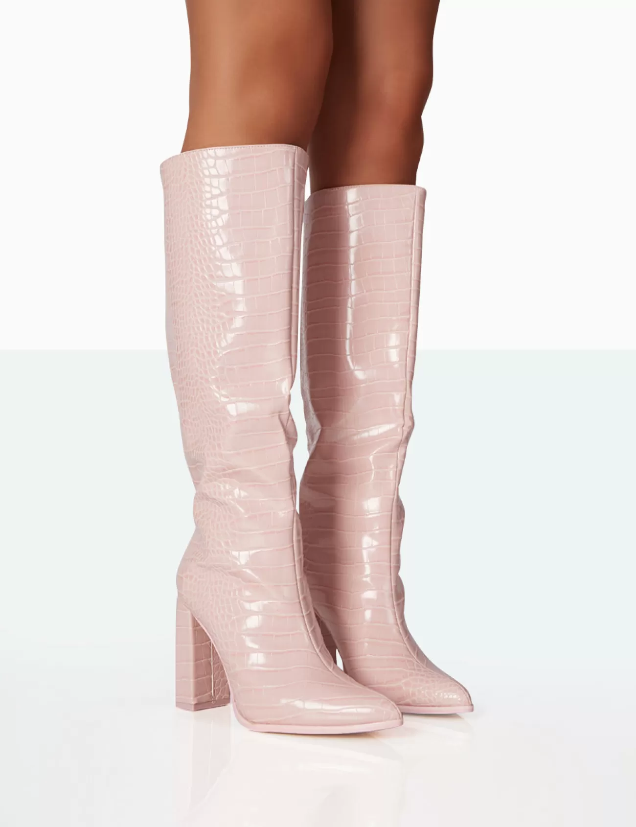 Public Desire Posie Baby Croc Pu Knee High Block Heel Boots Pink Store