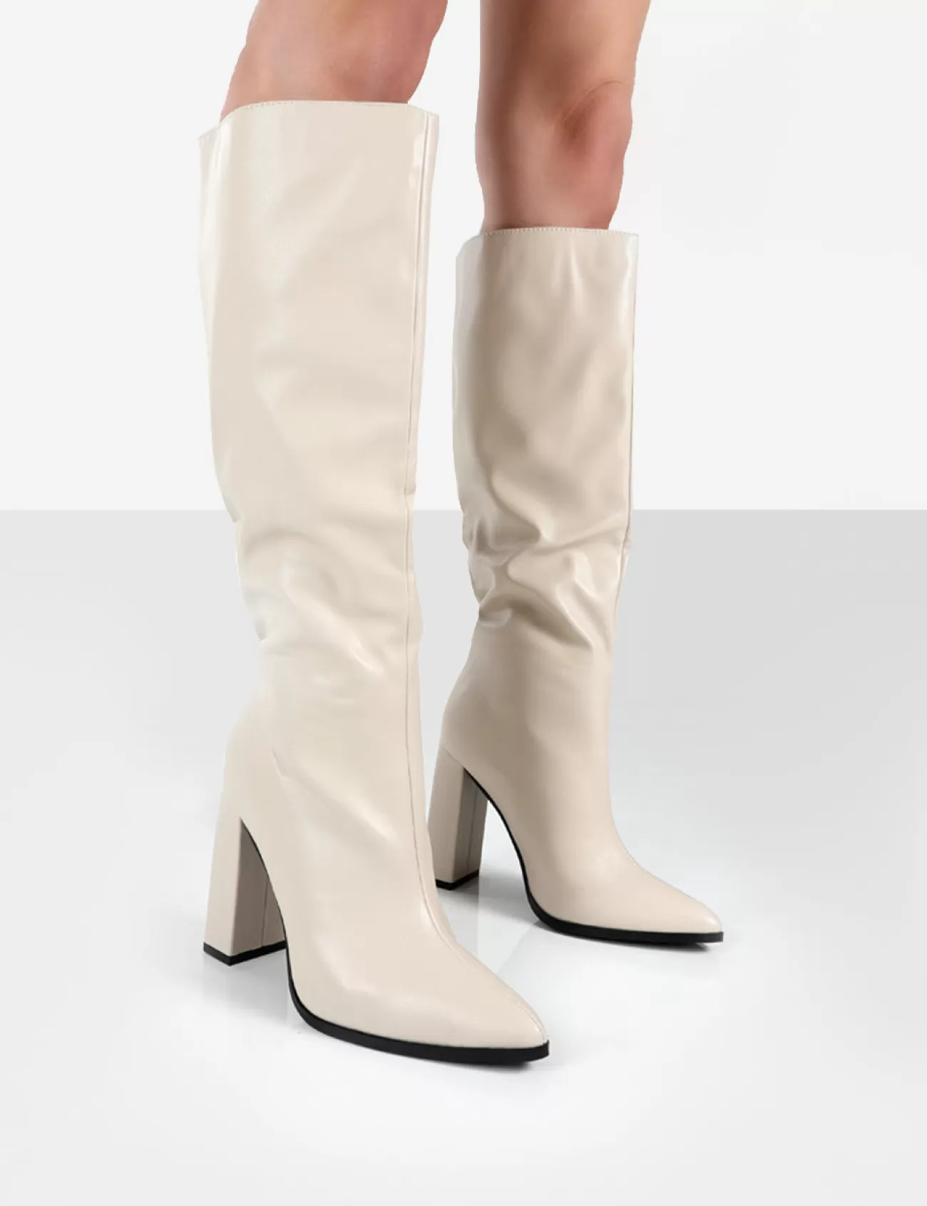 Public Desire Posie Pu Knee High Block Heel Boots Stone Best