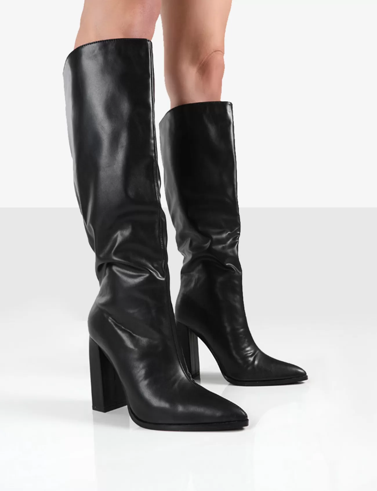 Public Desire Posie Pu Knee High Block Heel Boots Black Outlet