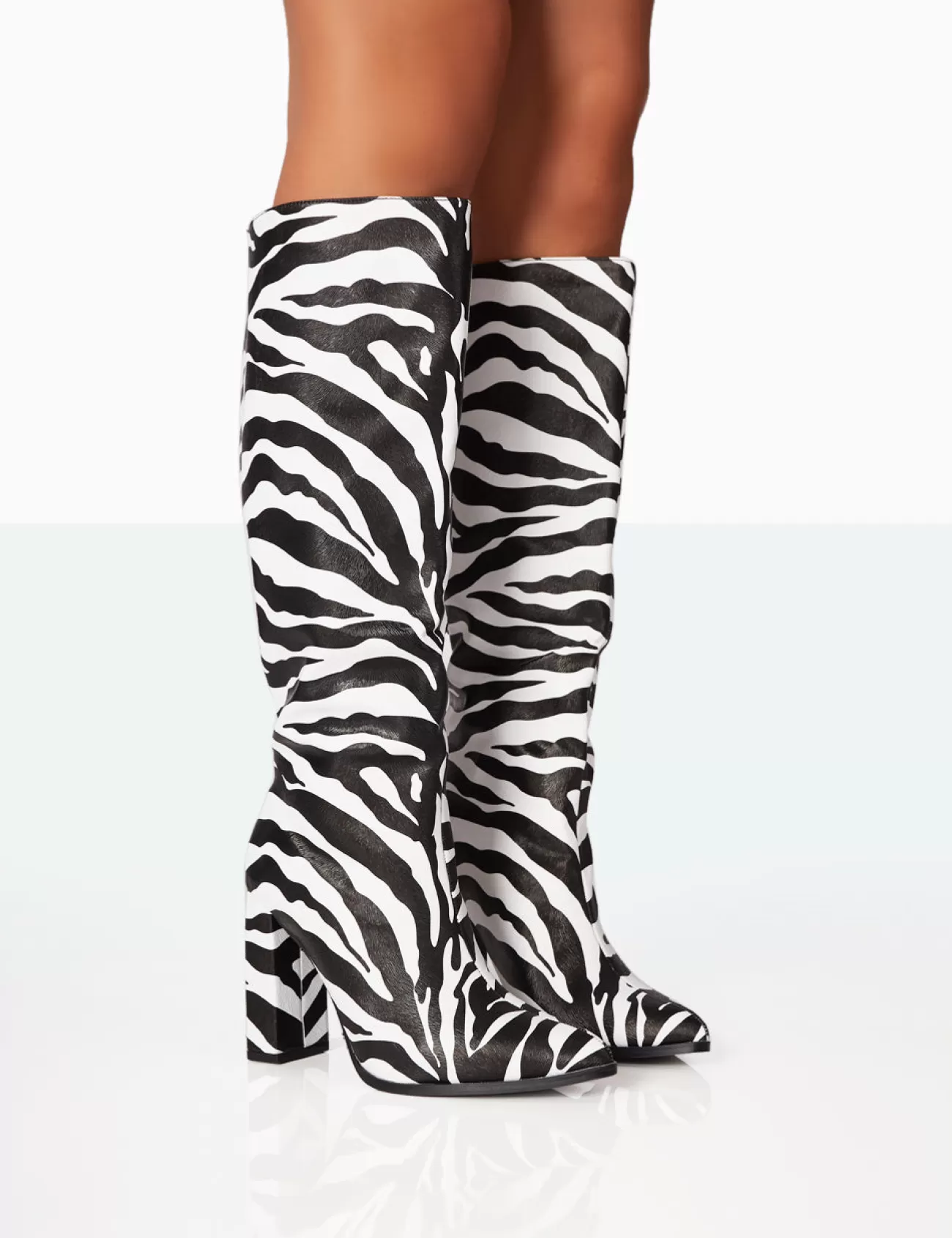 Public Desire Posie Pu Knee High Block Heel Boots Zebra Sale