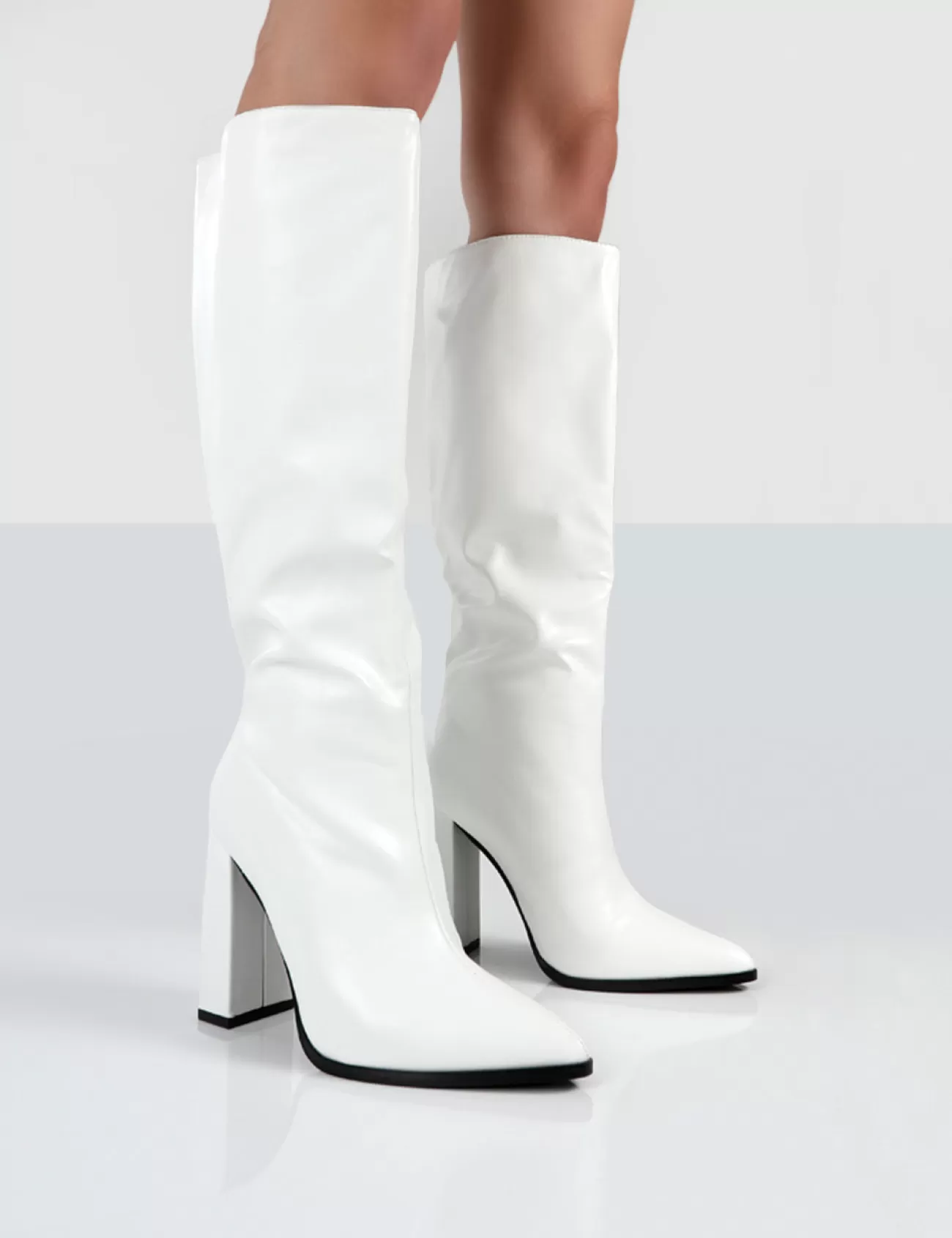 Public Desire Posie Pu Knee High Block Heel Boots White Discount