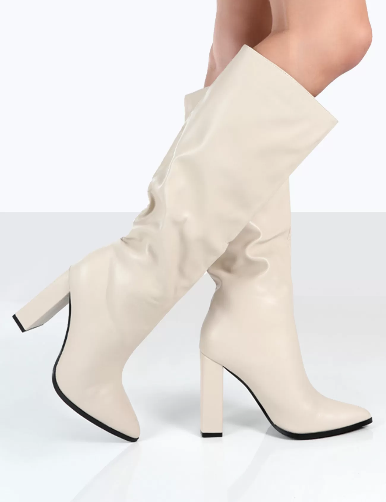 Public Desire Posie Pu Knee High Block Heel Boots Stone Best