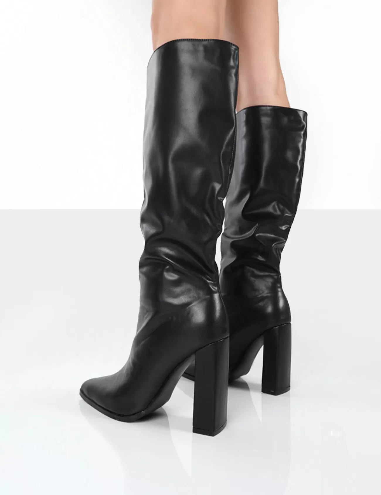 Public Desire Posie Pu Knee High Block Heel Boots Black Outlet