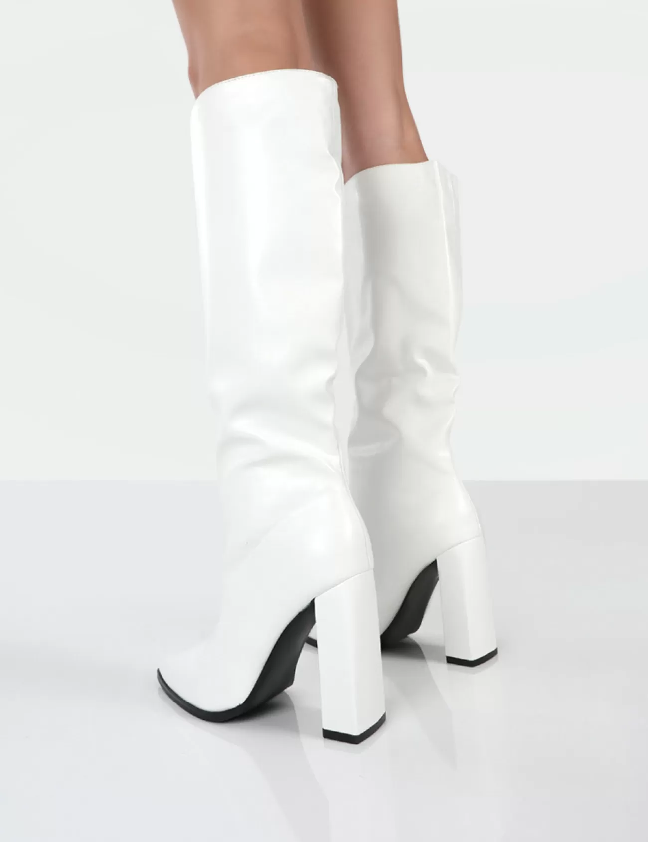 Public Desire Posie Pu Knee High Block Heel Boots White Discount