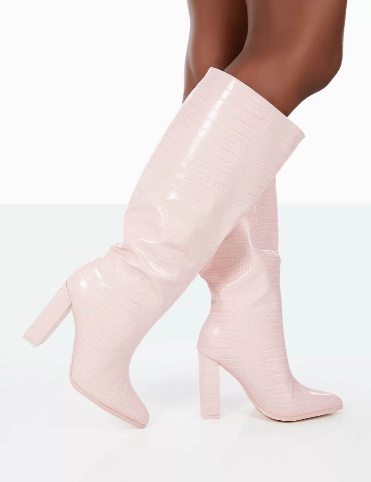 Public Desire Posie Wide Fit Baby Croc Pu Knee High Block Heel Boots Pink Best