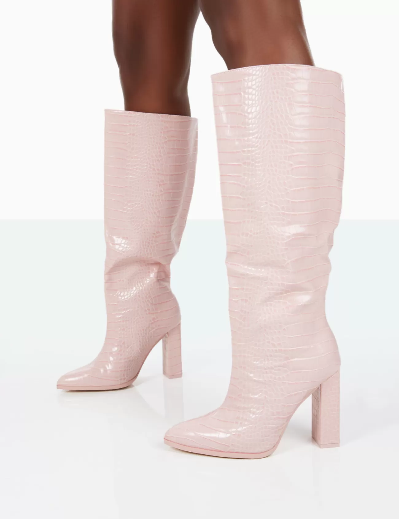 Public Desire Posie Wide Fit Baby Croc Pu Knee High Block Heel Boots Pink Best