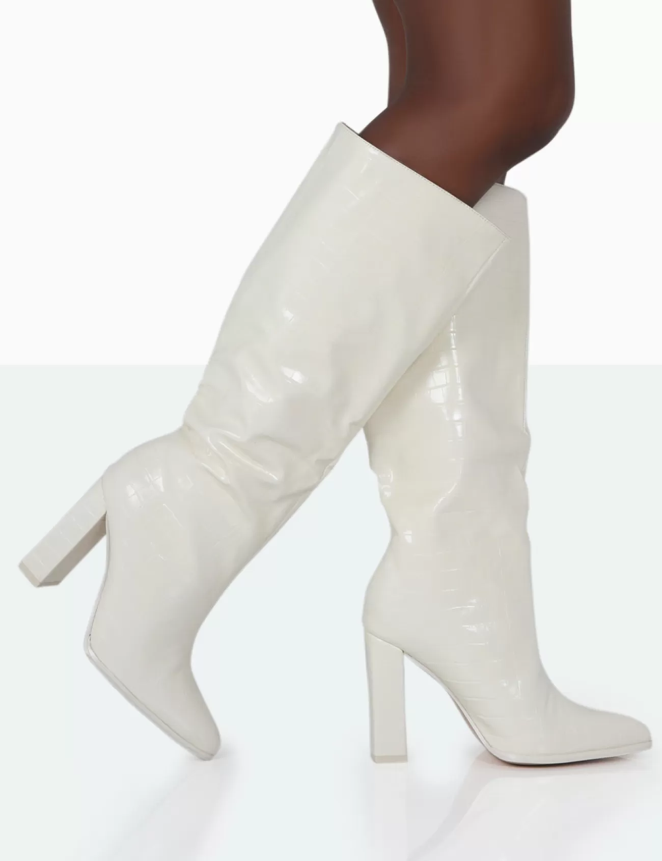 Public Desire Posie Wide Fit Ecru Croc Knee High Block Heel Boots Flash Sale