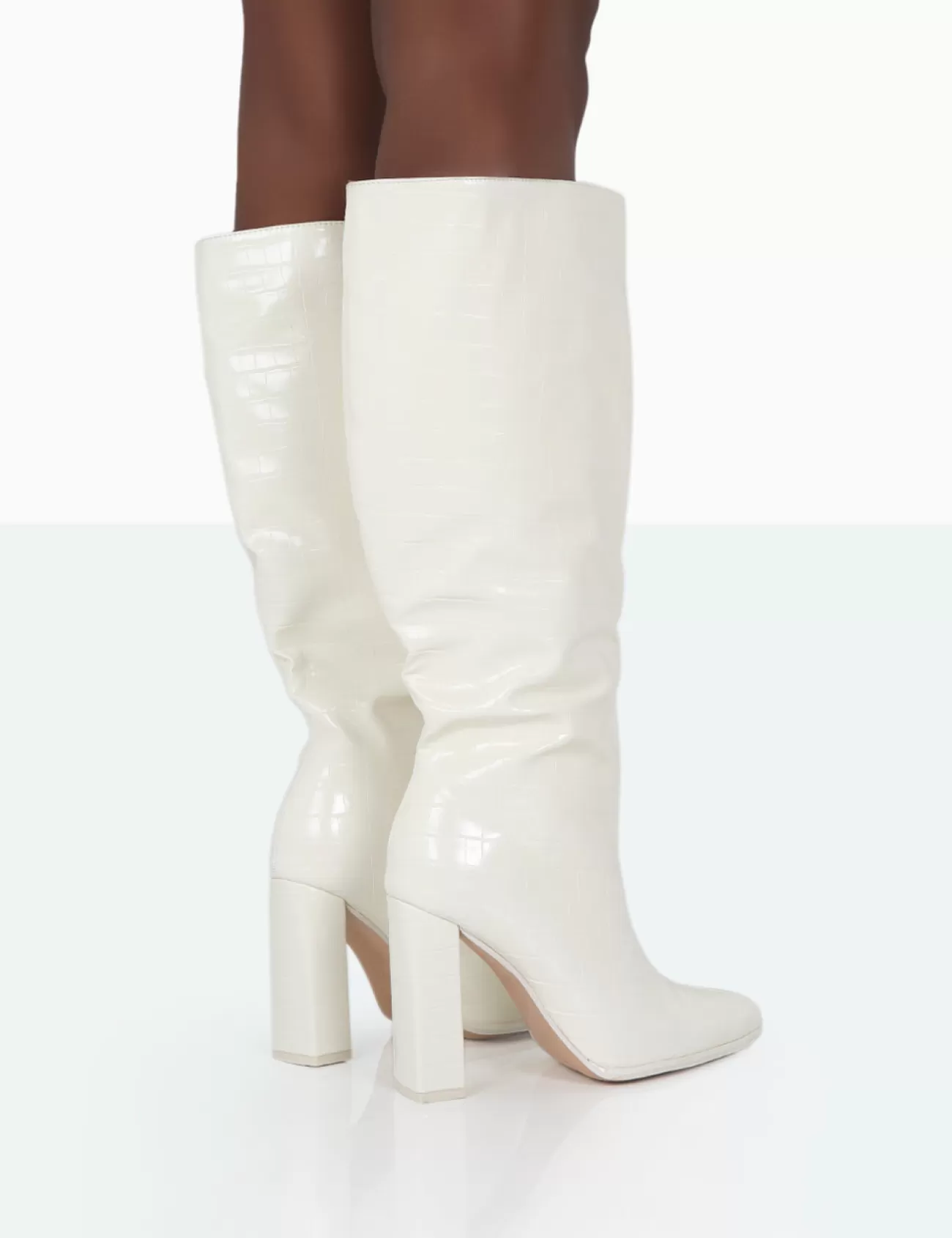 Public Desire Posie Wide Fit Ecru Croc Knee High Block Heel Boots Flash Sale