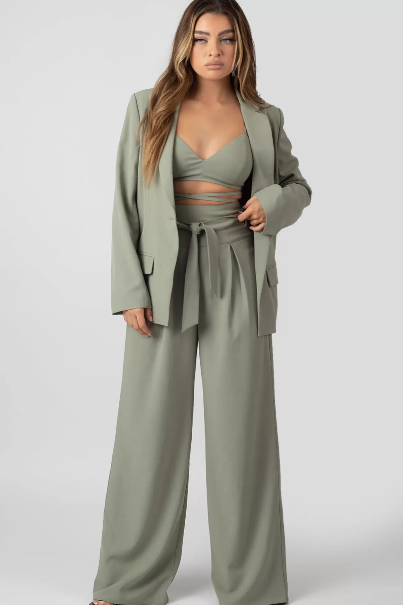 Public Desire Premium Tie Waist Wide Leg Trousers Sage New