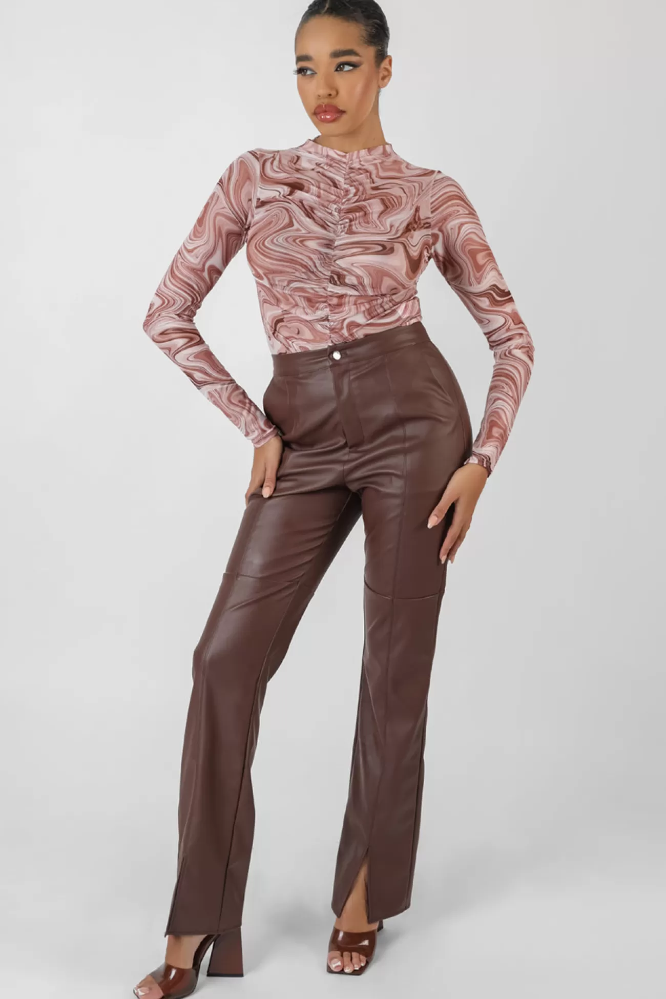 Public Desire Printed Mesh High Neck Bodysuit Brown Best