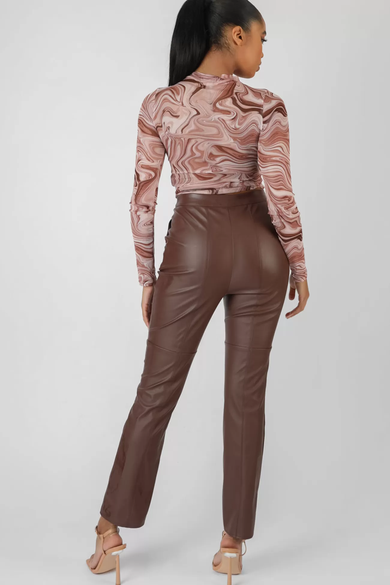 Public Desire Printed Mesh Ruched Front Crop Top Brown Best Sale