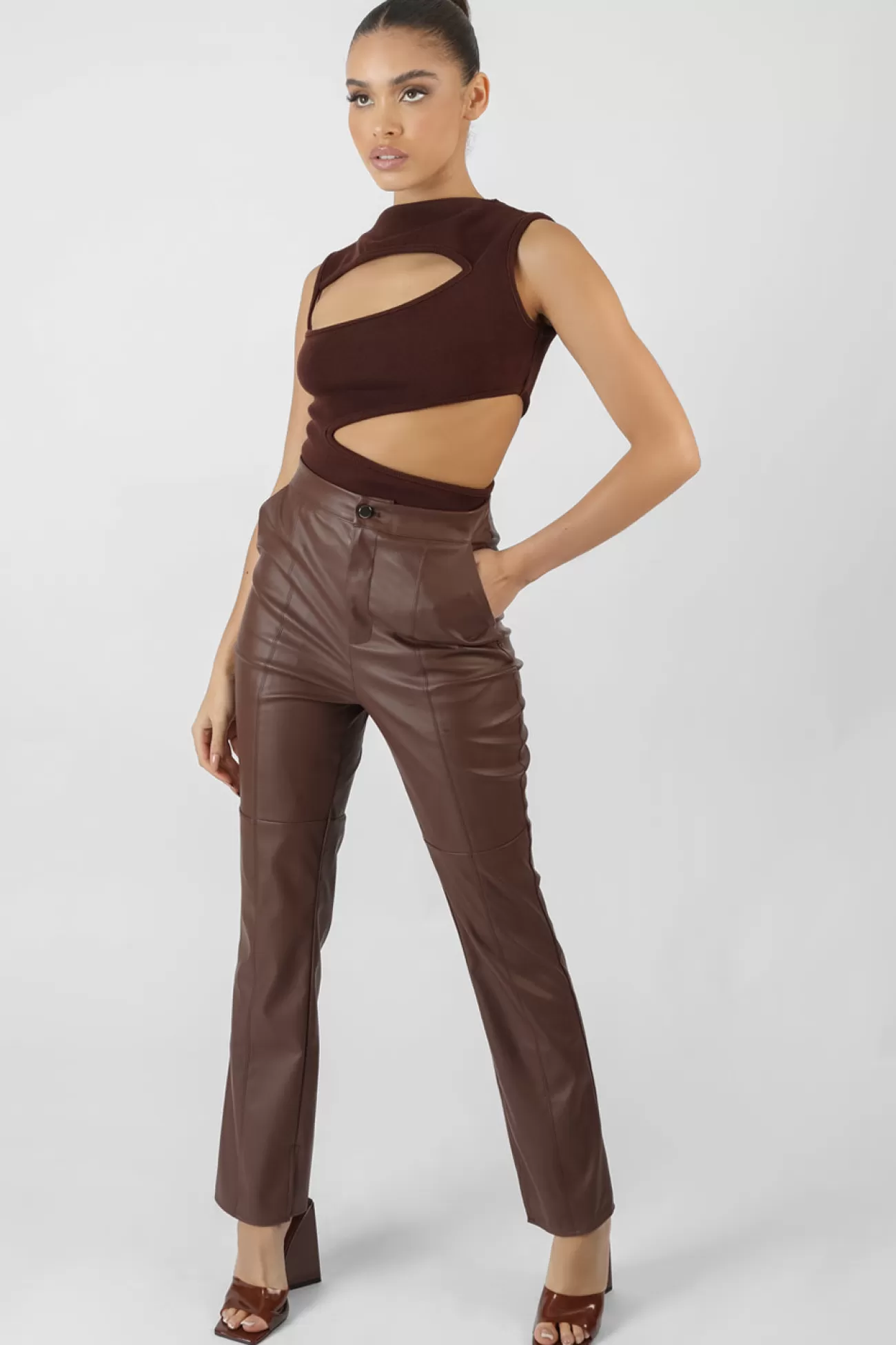 Public Desire Pu Seam Front Split Detail Trousers Chocolate Shop
