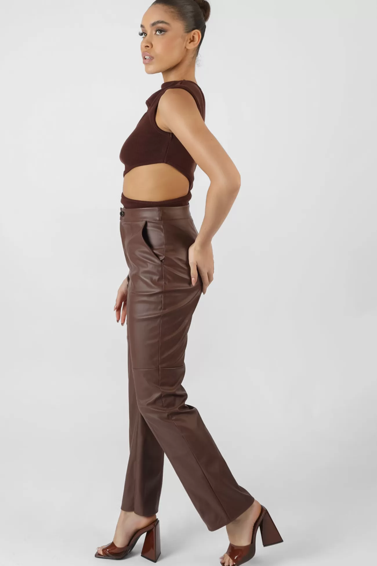 Public Desire Pu Seam Front Split Detail Trousers Chocolate Shop