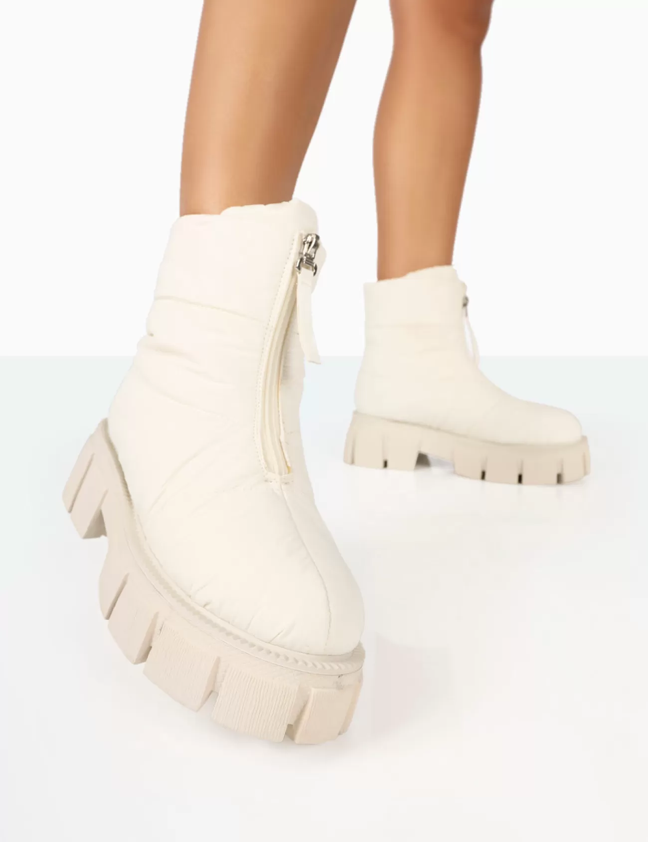 Public Desire Puffy Nylon Zip Up Chunky Sole Snow Ankle Boots Ecru Clearance