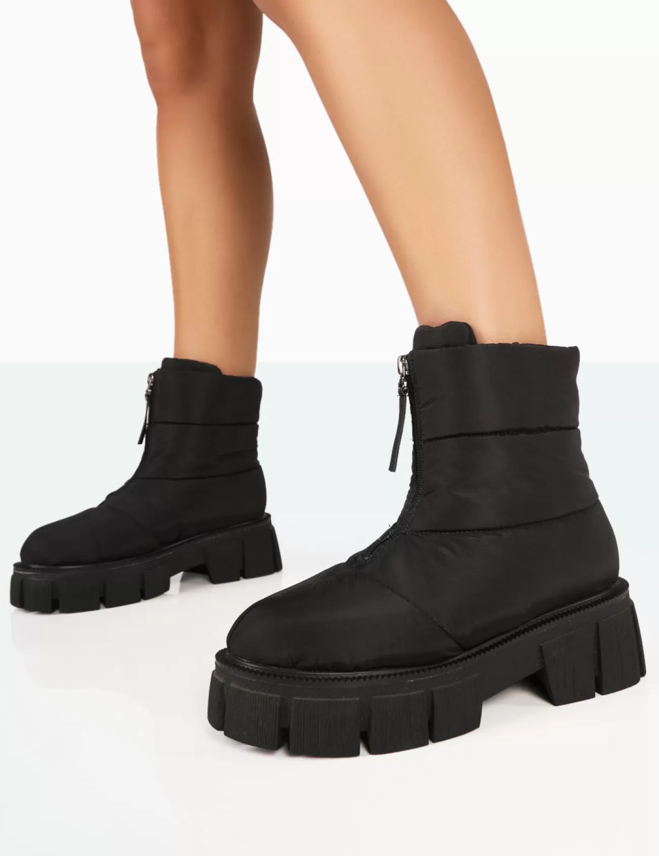 Public Desire Puffy Nylon Zip Up Chunky Sole Snow Ankle Boots Black Sale