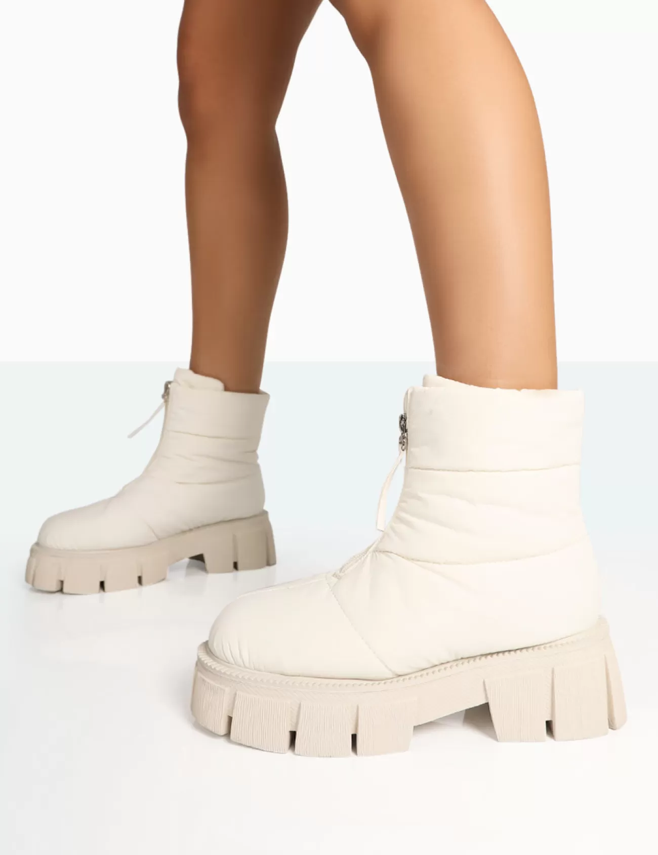 Public Desire Puffy Nylon Zip Up Chunky Sole Snow Ankle Boots Ecru Clearance