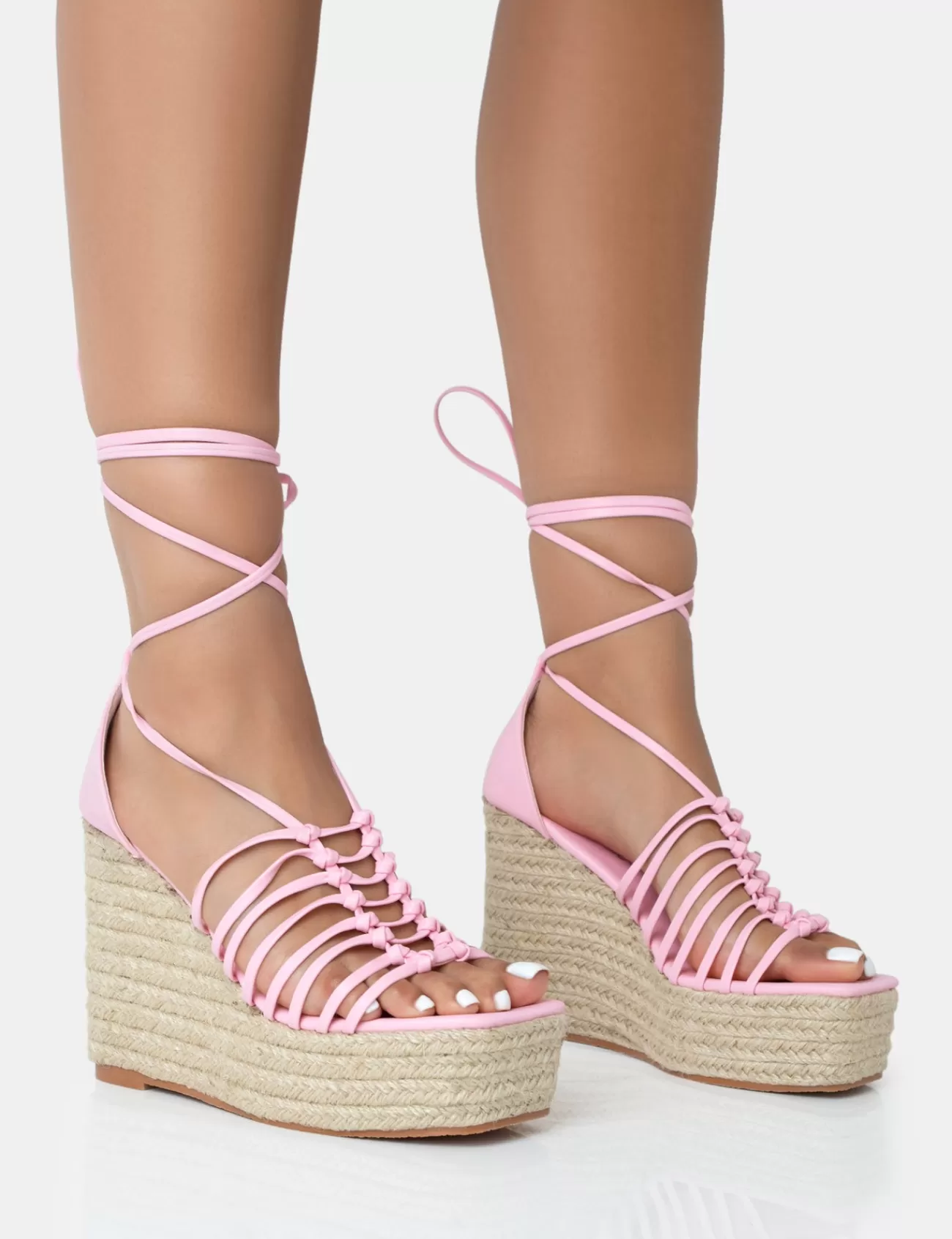 Public Desire Reece Baby Pu Knot Strap Lace Up Raffia Wedge Heels Pink Best