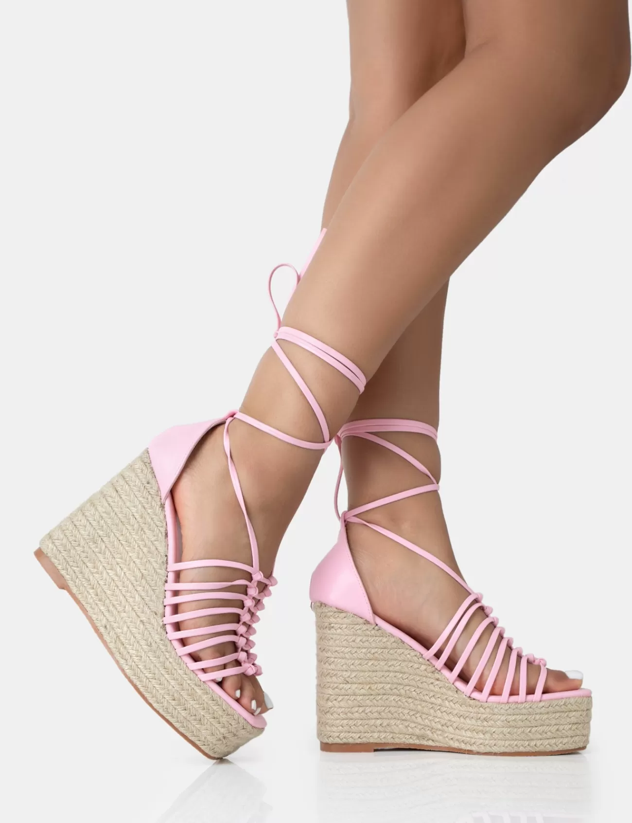 Public Desire Reece Baby Pu Knot Strap Lace Up Raffia Wedge Heels Pink Best
