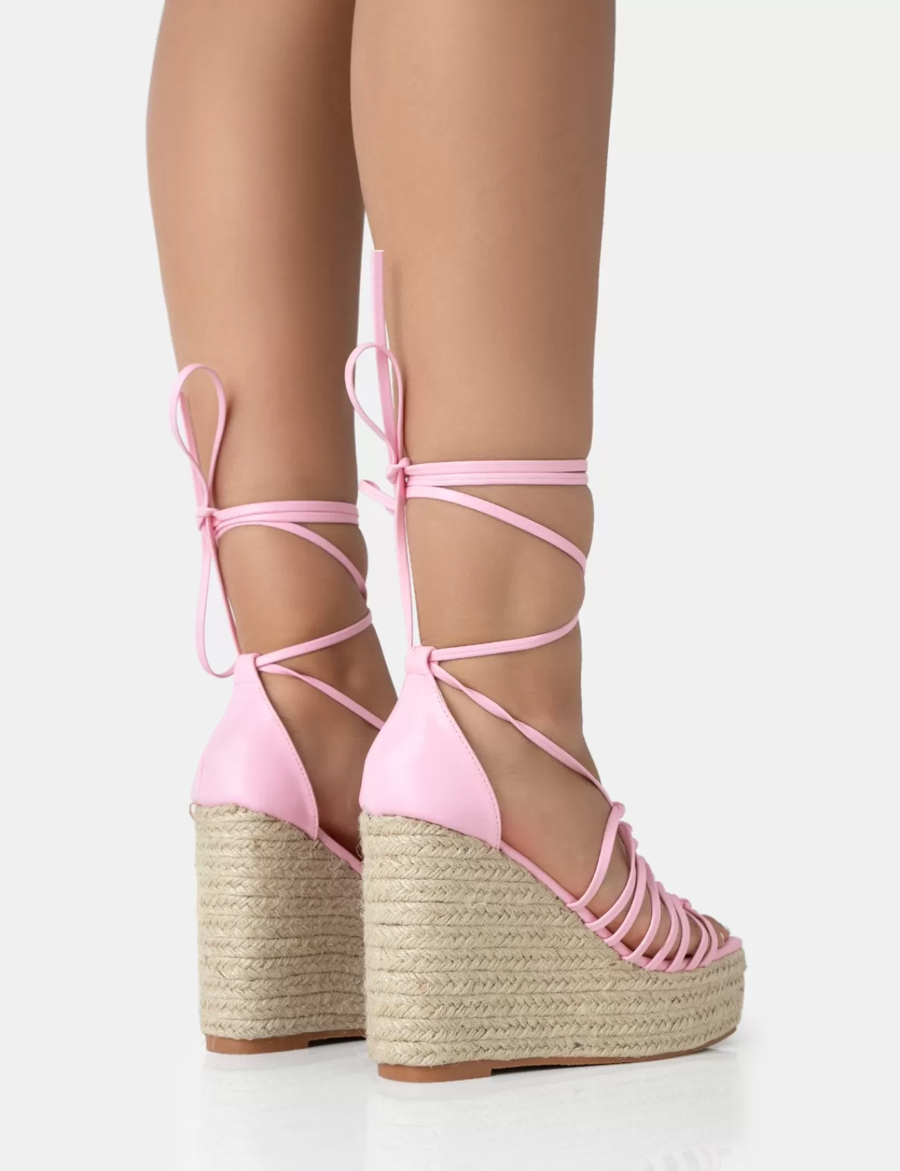 Public Desire Reece Baby Pu Knot Strap Lace Up Raffia Wedge Heels Pink Best
