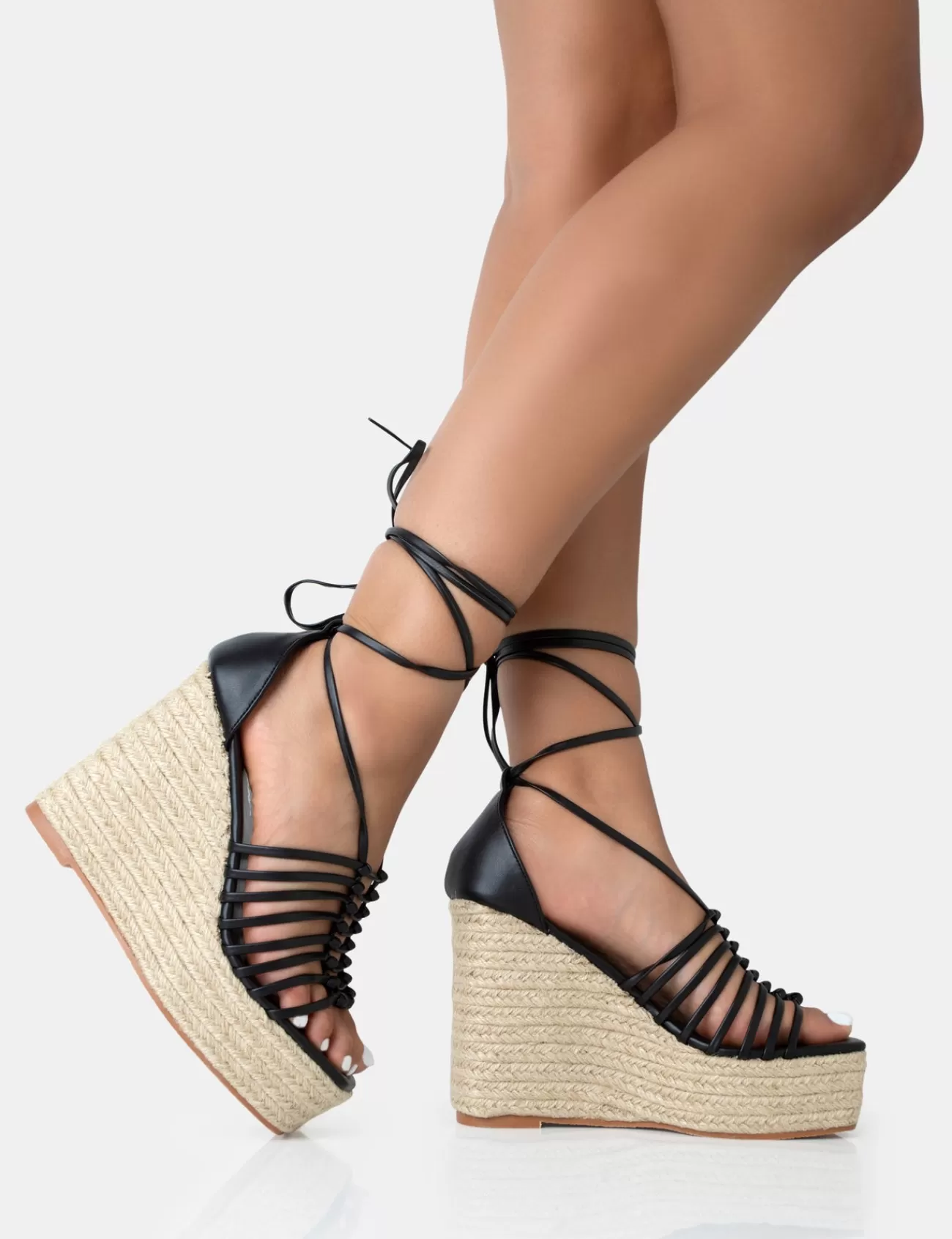 Public Desire Reece Pu Knot Strap Lace Up Raffia Wedge Heels Black Clearance
