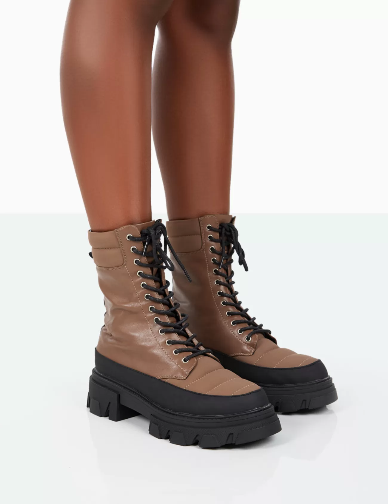 Public Desire Refresh Mocha Pu Nylon Lace Up Platform Chunky Sole Ankle Boots Mocca Store