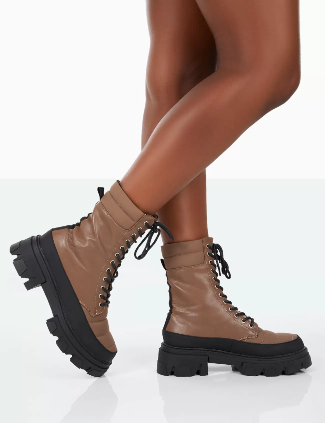 Public Desire Refresh Mocha Pu Nylon Lace Up Platform Chunky Sole Ankle Boots Mocca Store