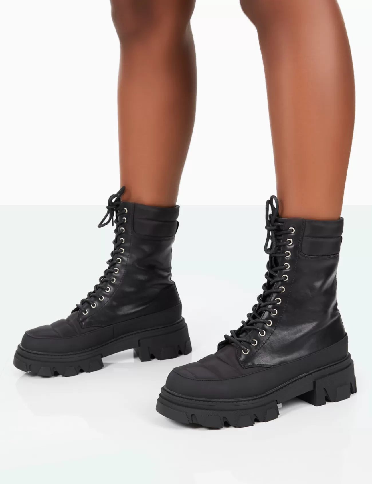 Public Desire Refresh Pu Nylon Lace Up Platform Chunky Sole Ankle Boots Black Flash Sale