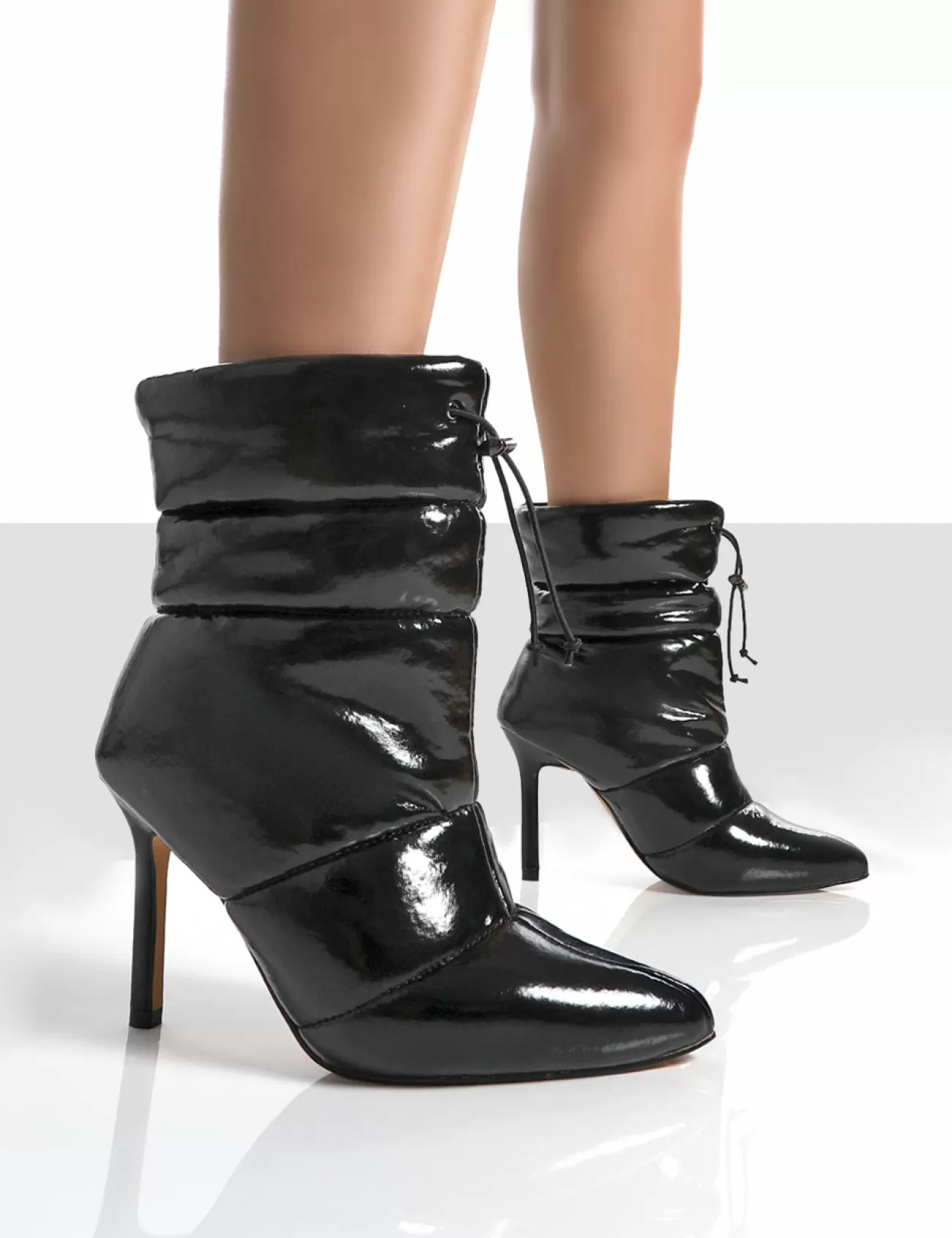 Public Desire Reset Patent Puffer Drawstring Stiletto Heeled Boots Black Cheap